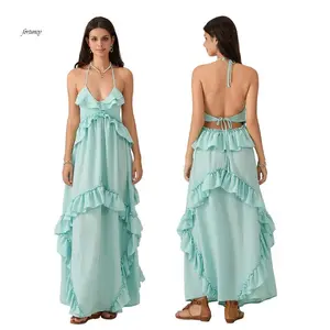 Women’s long dress, sleeveless halter dress, backless ruffled summer swing dress for vacation and beach