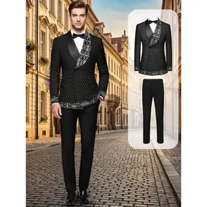 Men's Shawl Collar Double Breasted Rhinestone Embellished 2-Piece Suit (Blazer & Pants) | Luxury Diamond Accent Elegant Outfit | Formal Wear for Wedding, Gala, Prom & Date Night