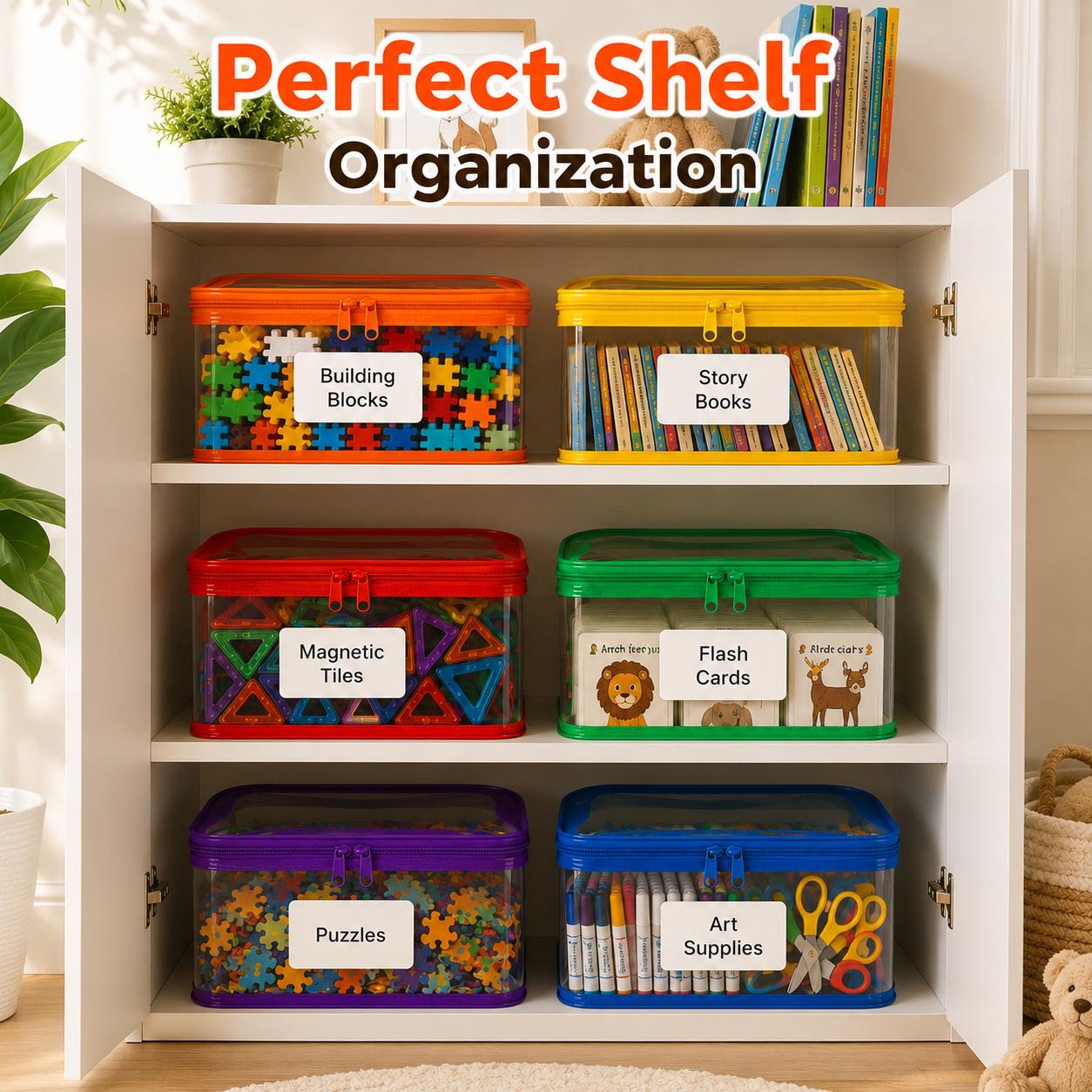 6-Pack Colorful Toy Storage Bags with Labels and Marker, Clear Waterproof PVC Organizer Bags for Building Blocks, Puzzles, Kids’ Crafts