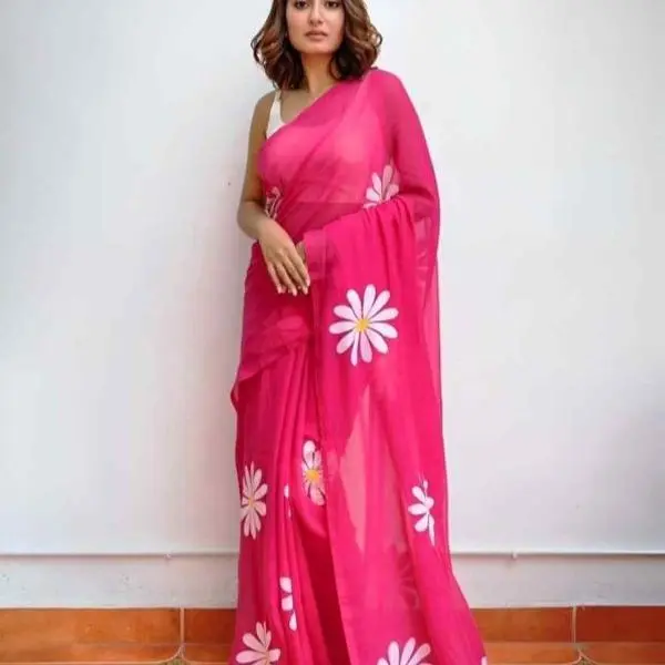 ATTRECTIVE LINEN COTTON DAISY FLORAL PRINT SAREE only