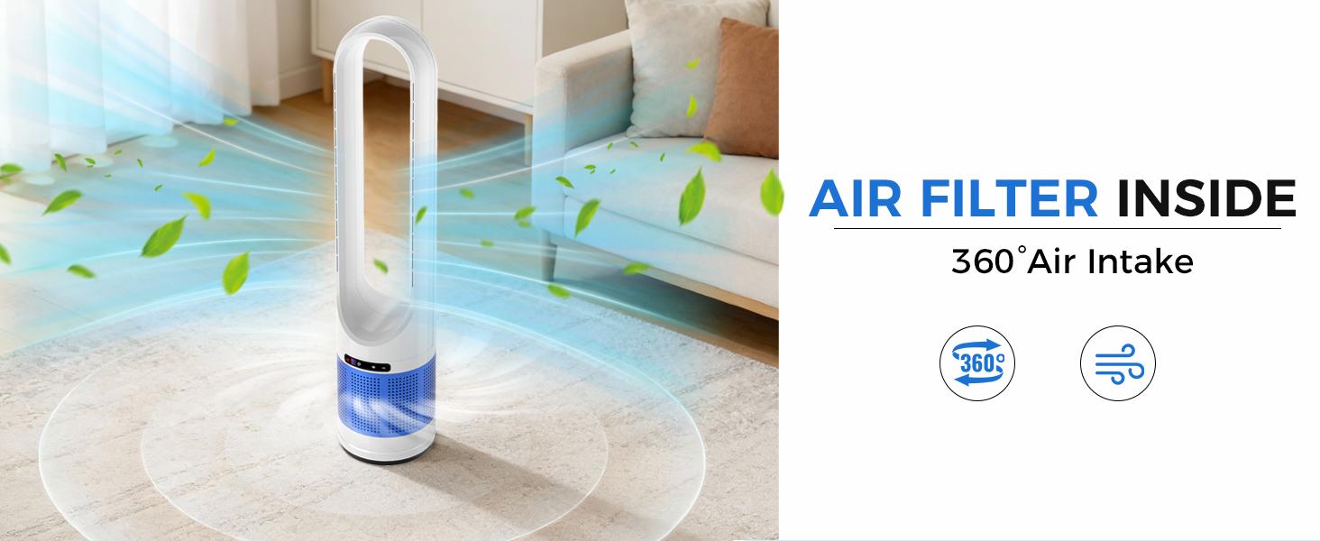 Bladeless Tower Fan ，80° Oscillation Quiet Cooling Fan with 8 Speeds, 8H Timer, Sleep Mode, Remote Control, 360° Air Intake, Space-Saving Bladeless Fan for Bedroom, Living Room, Home Office, Home Gym