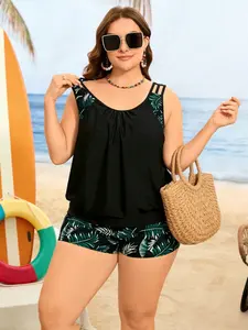 Plus Size Women's 2-Piece Bikini Set, Digital Print Wide Shoulder Straps, Slimming Waist Cover-Up, Ideal for Beach Vacation, Tankini With Shorts
