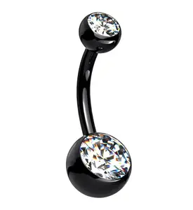 Black PVD Clear CZ Internally Threaded Titanium Belly Button Ring