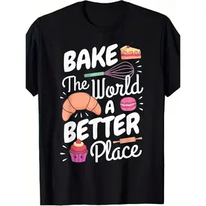 'S & 'S Short  [100% Cotton] 100% Cotton Funny Baking Chef "Bake The World A Better Place" Graphic T-Shirt - Unisex Retro Baking-Themed Tee with Cupcake, Donut & Pastry Design - with Print Casual Crew Neck Short Sleeve Shirt for Bakers, Pastry Chefs & Bak