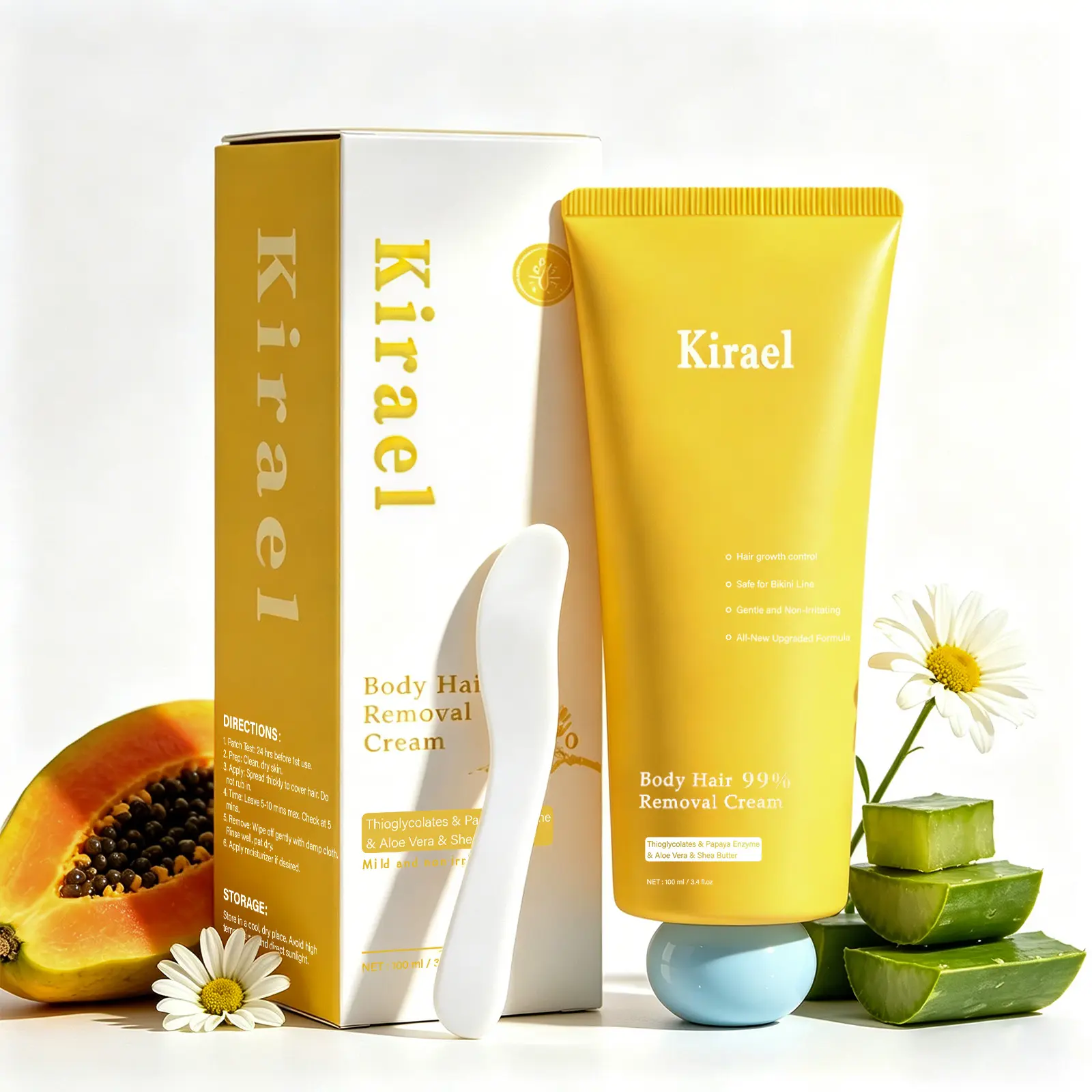 Kirael 3-in-1 Paraben-Free Papaya Extract Blend Hair Removal Cream - 100ml Gentle Depilatory (Cream Texture) for Women, Hair Removal + Moisturize, Full Body Areas Care with Regrowth Control, Bikini Hair Removal, Body Hair Removal Shaving