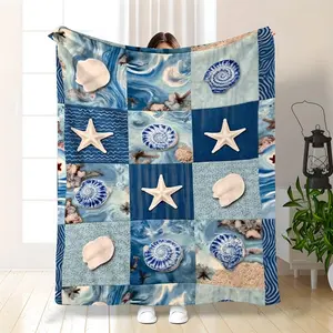 1pc Coastal Beach Theme Quilt Blanket |   Nautical Seashell Design, Soft Flannel Throw for Sofa, Bed, Office, Car, Camping - Vintage Style, All-Season Gift, Beach Decor, Polyester