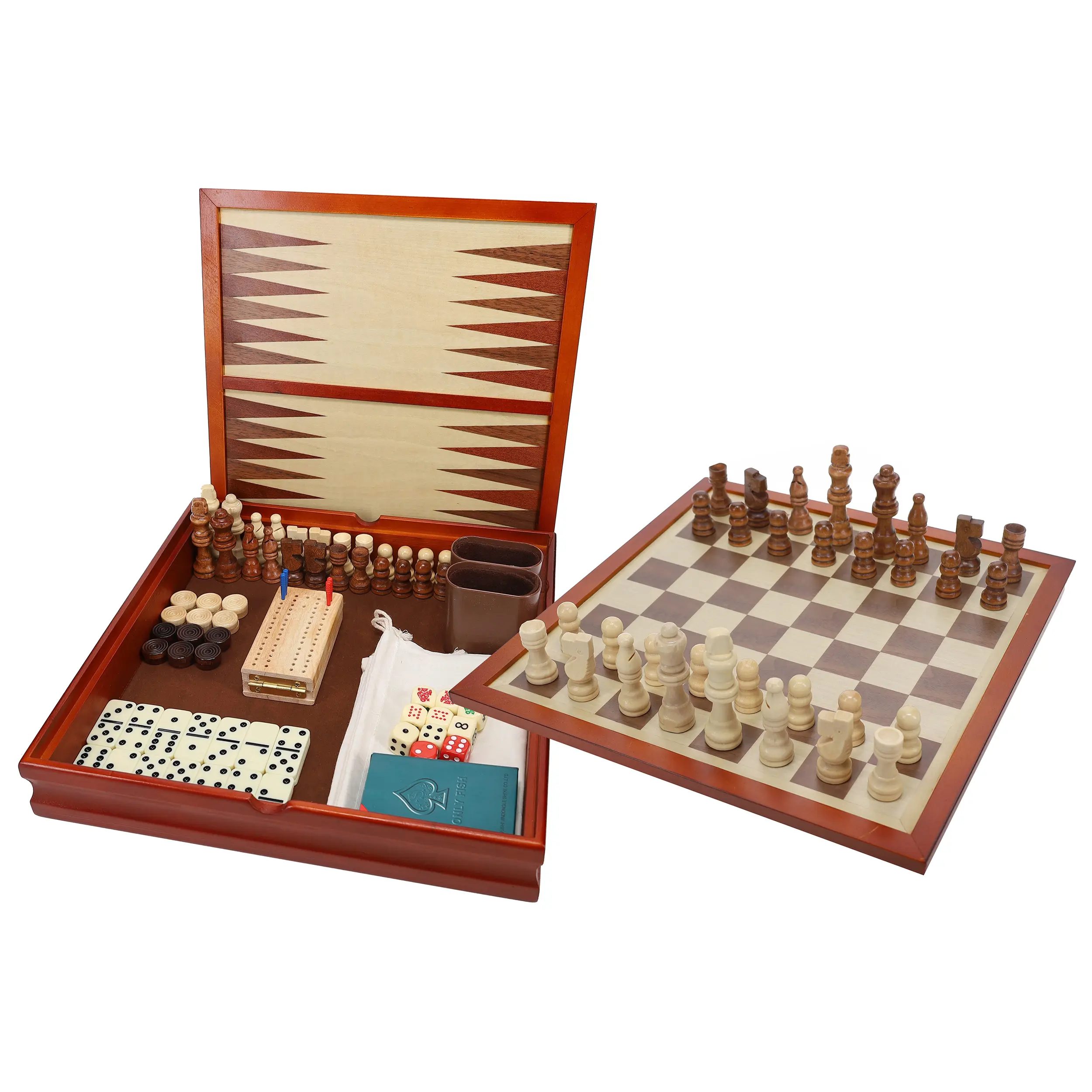 WE Games 7-in-1 Combination Wood Game Set – 12 inch board – Includes Chess, Checkers, Backgammon, Dominoes, Cribbage, Poker Dice, Cards
