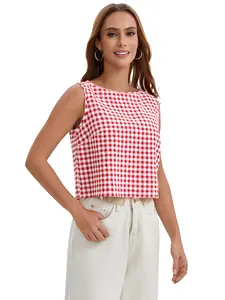 ATHLECHIC ONFERS Women's Gingham Top Summer Cropped Tank Tops Button Back Casual Sleeveless Shirts Blouses