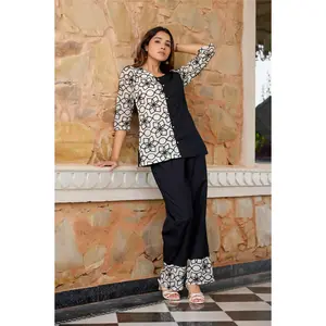 Black & White Floral Printed Straight Cotton Flex Co-Ord Set