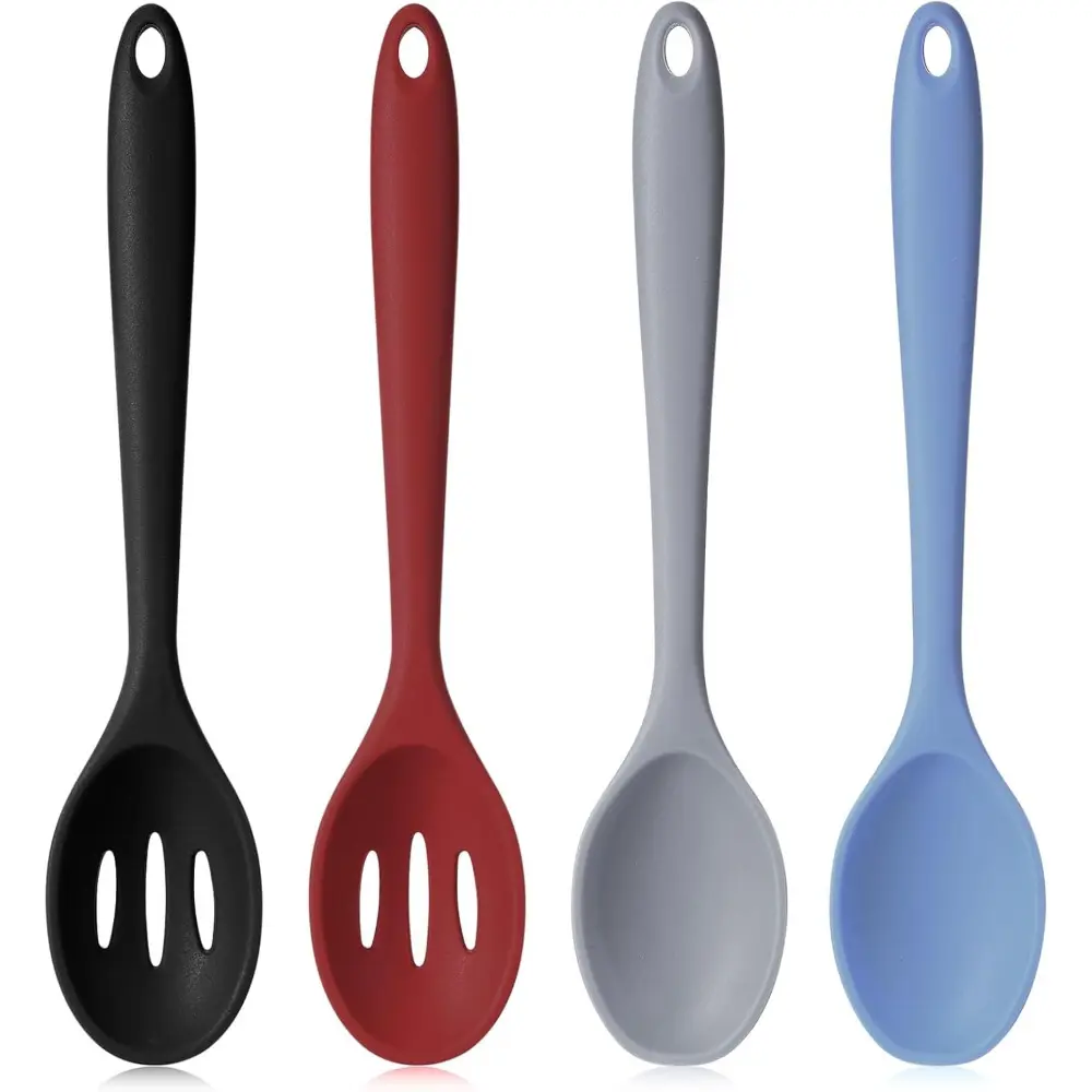 4pcs Small Silicone Kitchen Utensil Set, 8.07 in x 1.73 in Nonstick Heat Resistant Cooking Serving Spoons With Slotted Design For Easy Draining Modern Mixed Color For Kitchen And Outdoor Camping Tableware