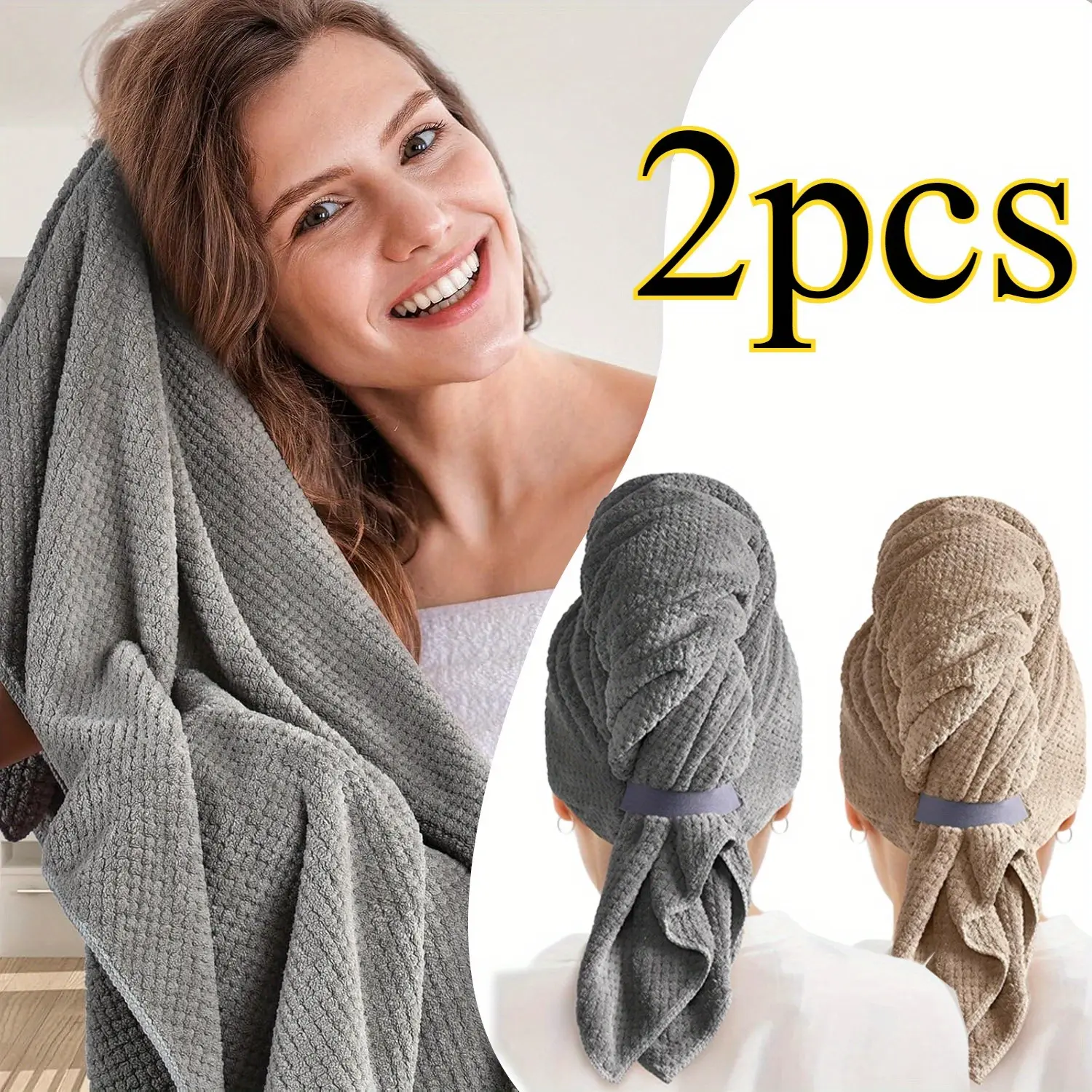 2 Pcs Microfiber Hair Towel Wrap for Women, Quick Dry Hair Turban Towel with Elastic Band, Microfiber Plopping Towel for Curly Hair, Stocking Stuffers for Women