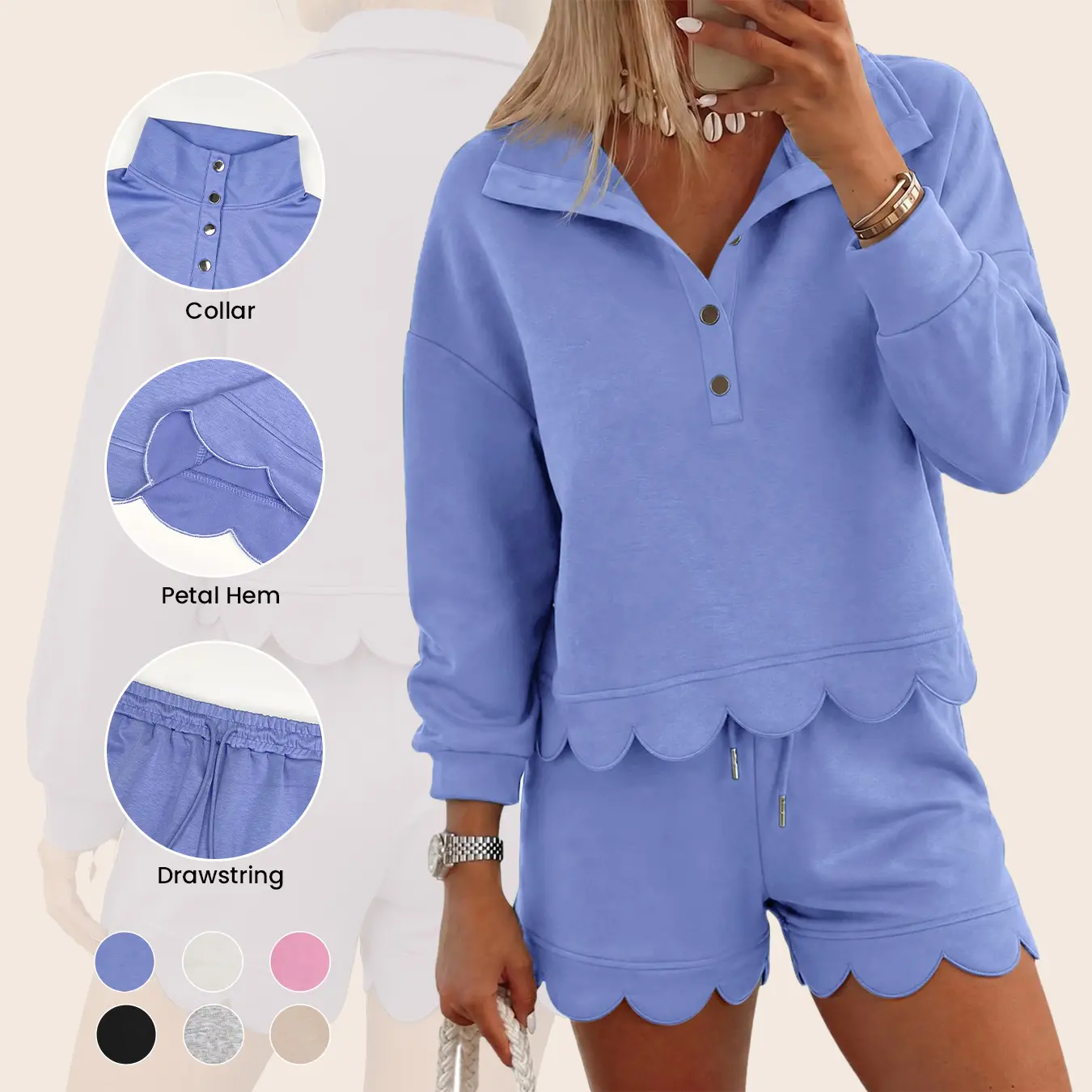 Aswulk Women’s 2 Piece Sweatsuit Sets Half Button Long Sleeve Tops & Shorts Scallop Hem Casual Lounge Outfits Workout Matching Sets Fall Tracksuit