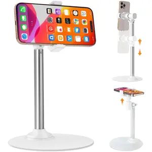 Adjustable Phone Stand for Desk with Clip Mount Live Streaming: 360? Rotatable Overhead Shot Holder with Sturdy Metal Base, Compatible with , YouTube, Zoom Video Recording (White)