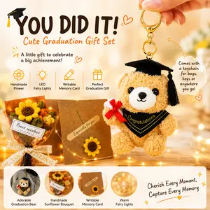 Graduation Bear Gift Set Class of 2026, Plush Graduation Bear Keychain with DIY Graduation Card Album, Glowing Gift Box, Sunflower Bouquet & Fairy Lights, Graduation Gift for High School, College & Kindergarten Grads, Daughter, Son, Friend