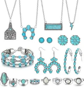 Set of Western-Style Jewelry for Women, Featuring a Turquoise Necklace, Turquoise Hoop Dangle Earrings, a Cuff Bracelet, Turquoise Knuckle Rings,All in a Bohemian Design