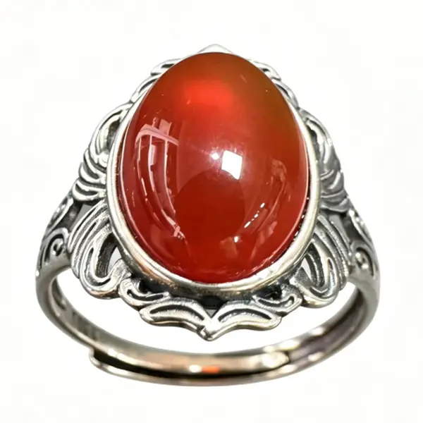 Retro 925 Sterling Silver Adjustable Ring, Vintage Filigree Casual Gemstone Ring with Natural Carnelian