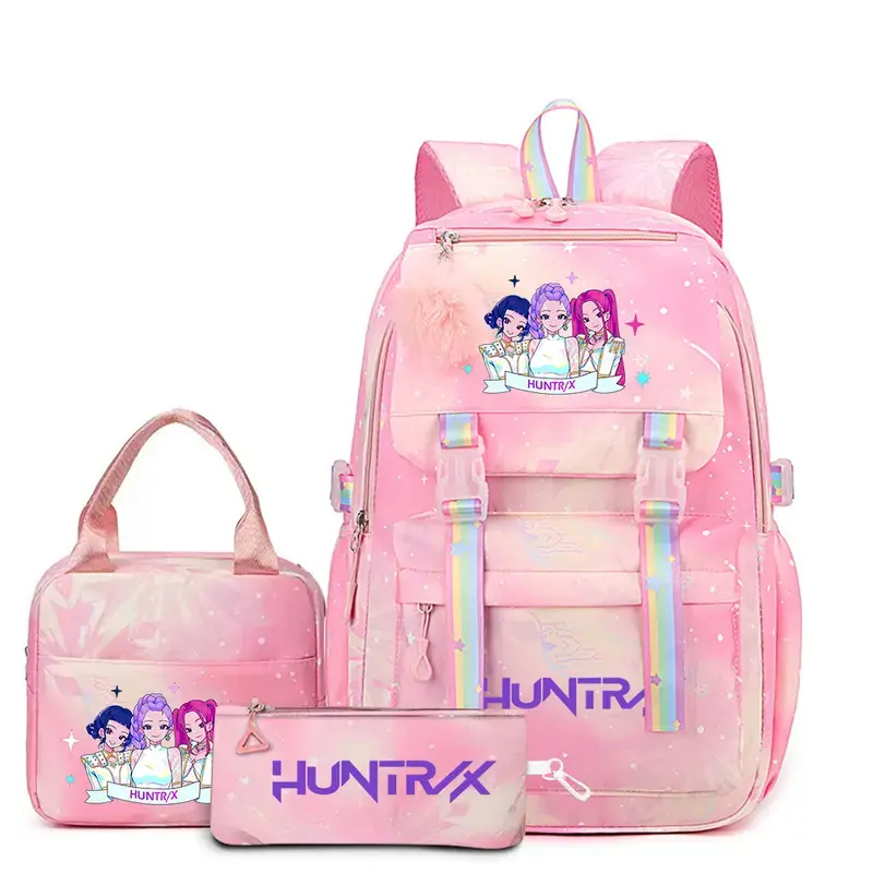 Female 3-Piece Back to School KPOP Backpack Set - Pink Starprint School Bag with Lunch Box & Pencil Case (Sports & Outdoor Gym/Shoulder Bag)