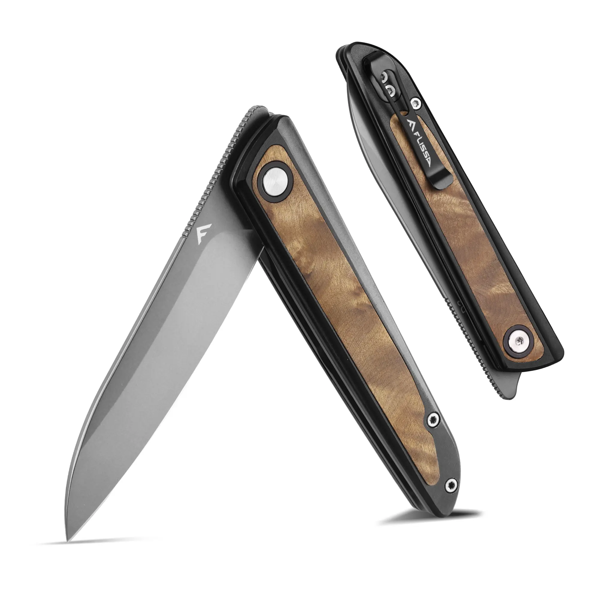 #backtoschool FLISSA Pocket Knife, Folding Knife with D2 Steel Blade, Liner Lock, Aluminum Alloy & Wooden Handle, Ball Bearing and Pocket Clip for EDC, Camping, Hiking, Outdoor Activities
