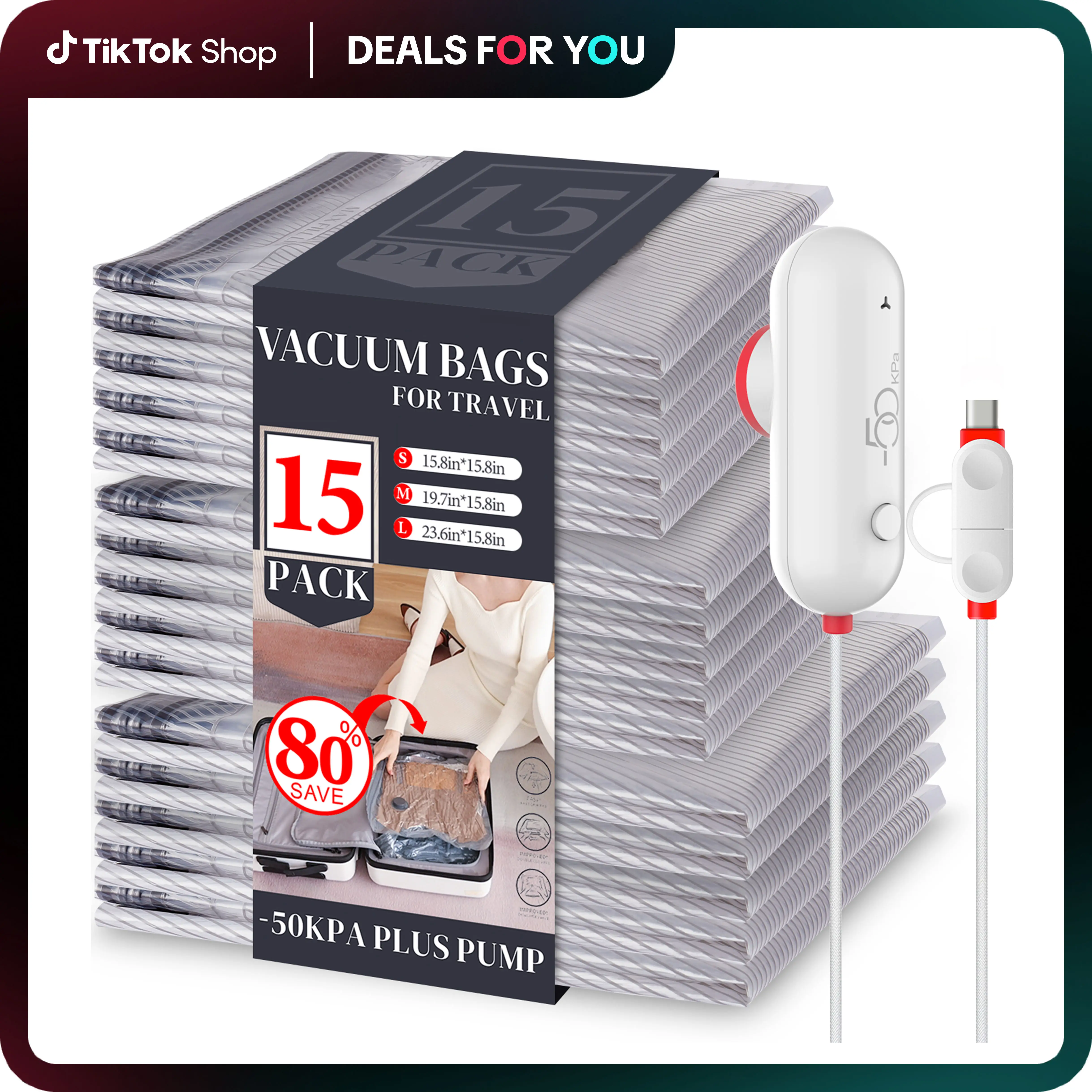 Vacbird 15 Pack Lightweight Travel Bags with USB Electric Pump | Compact Vacuum Storage Bags for Clothes | Space Saver Compression Bags for Travel