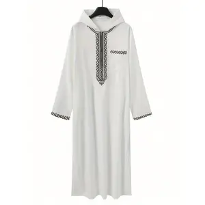 Adha Thobe - White Blend Traditional Arabic Cultural Robe with Black Embroidery, Round Neck, Hand Washable, All-Season Wear for Festive Occasions