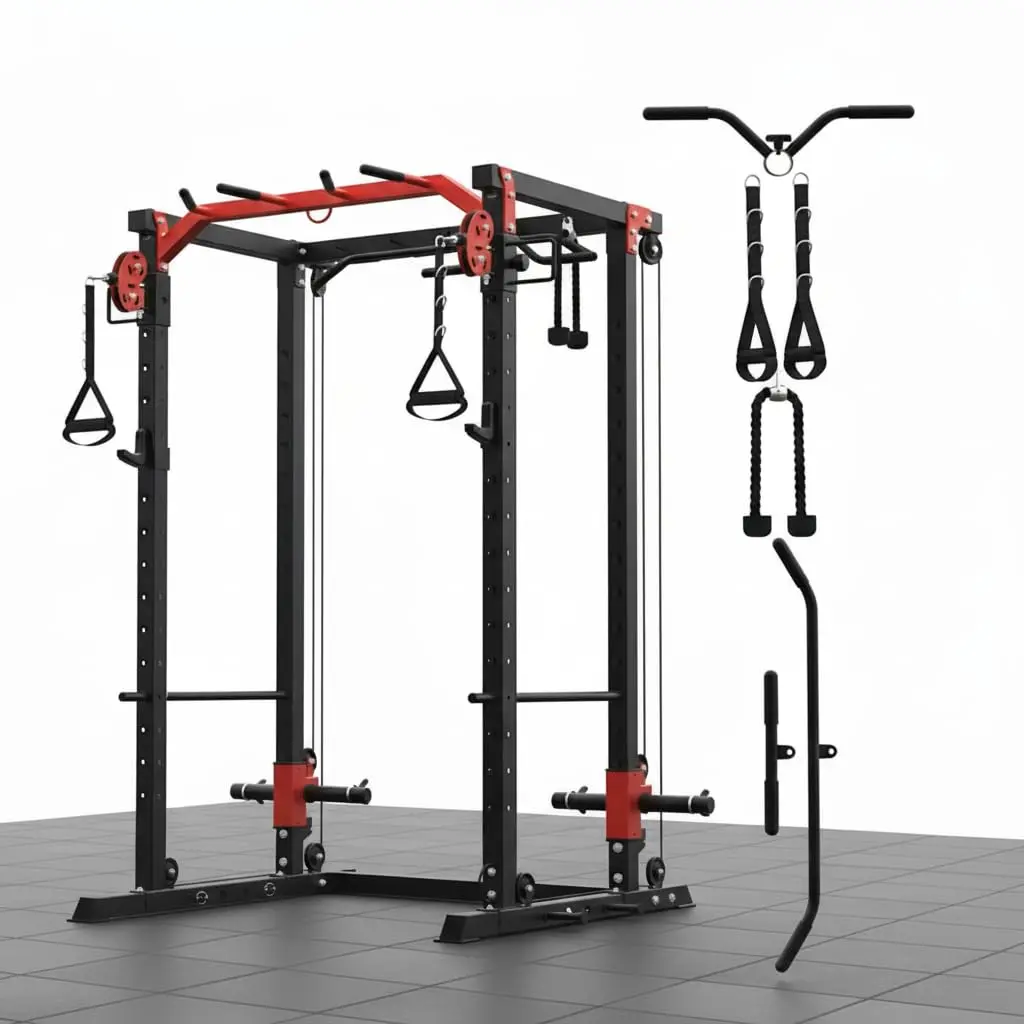 Home Gym Power Cage – 2000LB Squat Rack with LAT Pulldown and Cable System, All-in-1 Workout Station with Attachments, Perfect for Home, Garage, or Apartment