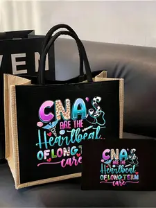 Stylish CNA print tote bag set with makeup pouch. Nurse-themed large capacity shoulder bag with sturdy straps, soft fabric & reusable design. Lightweight for daily commute & travel, hand wash recommended.