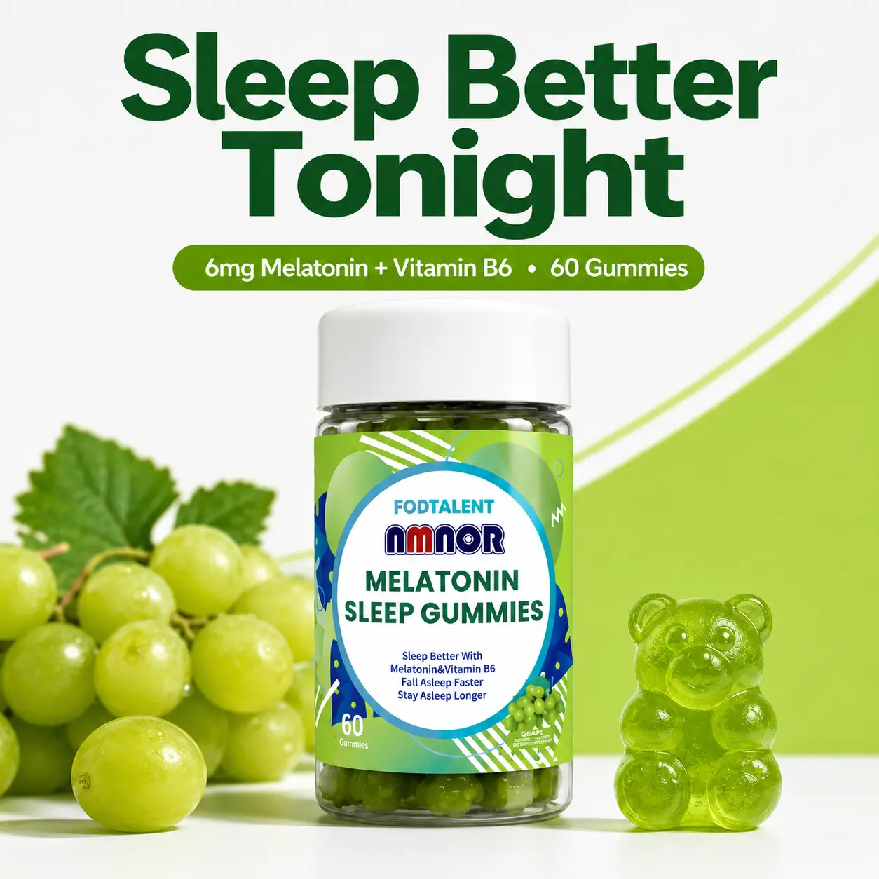 NMNOR Melatonin Dietary Supplement Gummies, 6mg Melatonin with Vitamin B6, Grape Flavor, 60 Count
