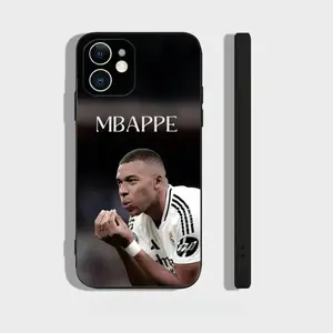 Liquid silicone phone case featuring soccer star Kylian Mbappé design, compatible with iPhone 17, 16, 15, 14, 13, and 12, made of black soft silicone.