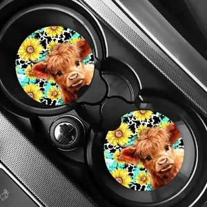 Cute Sunflower Highland Cow Car Coasters - Unique Design for Car Decoration