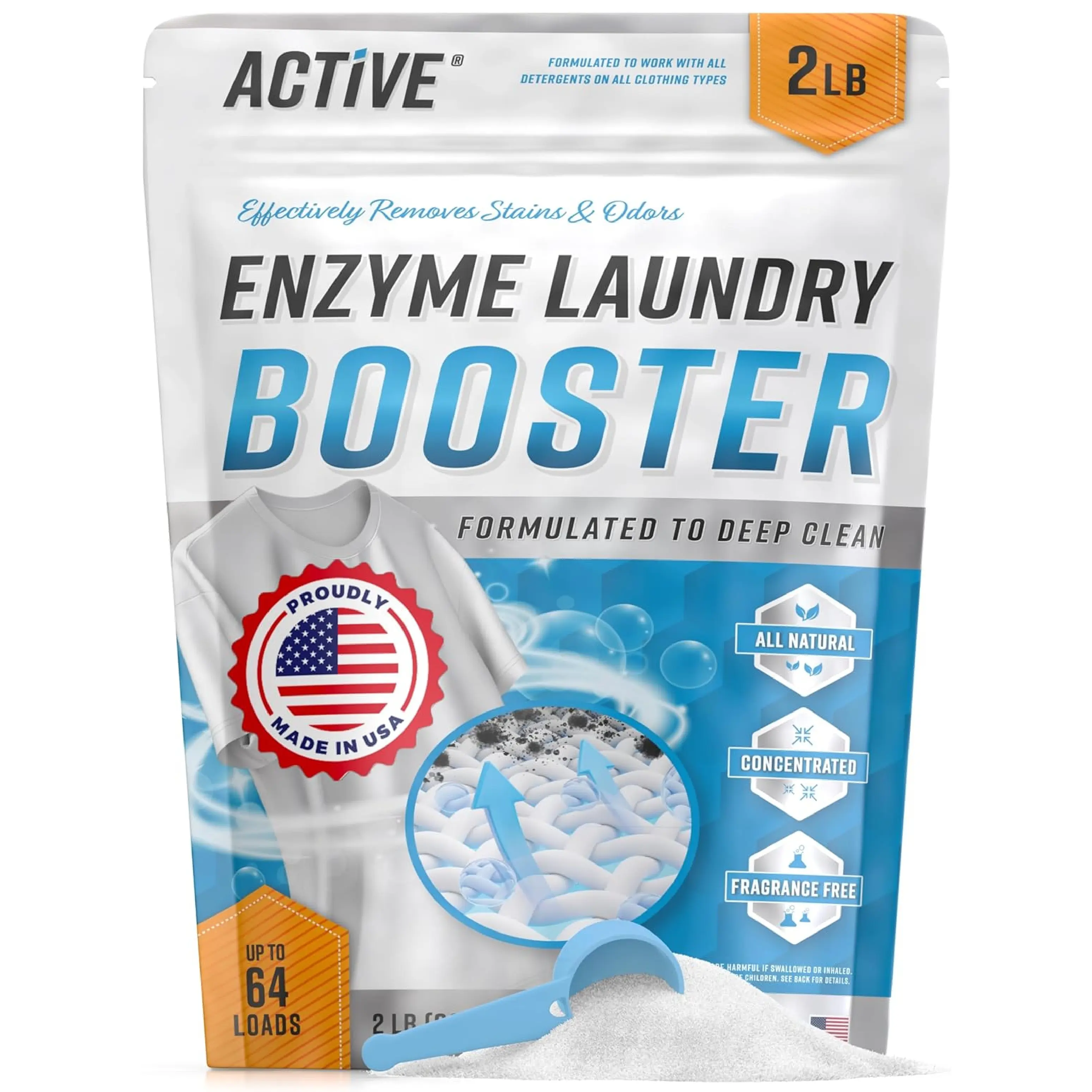 Enzyme Laundry Booster Odor Remover - 2 lbs Unscented Enzymatic Clothes Stain Cleaner Powder, Natural Deodorizer with Bio Active Enzymes, Detergent Additive Fragrance Eliminator for Sweat, Oil, Blood - 64 Loads