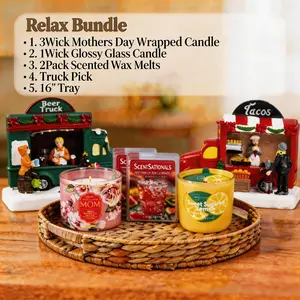 Relax Bundle: Food Truck Figurines & 16" Tray & 3-Wick Mothers Day Candles & 1-Wick Glossy Glass Candles & 2Pack Wax Melts Decor Fruit Goose Scented Ornaments Decoration Perfume Aroma Watermelon Fragrance Gift Light Boho Floral