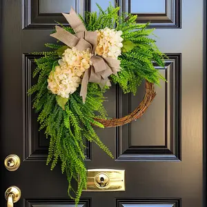Rustic Boho Wreath with Linen Bow and Greenery, Dual-Sided Door Decor, Natural Farmhouse Style, Holiday Decoration