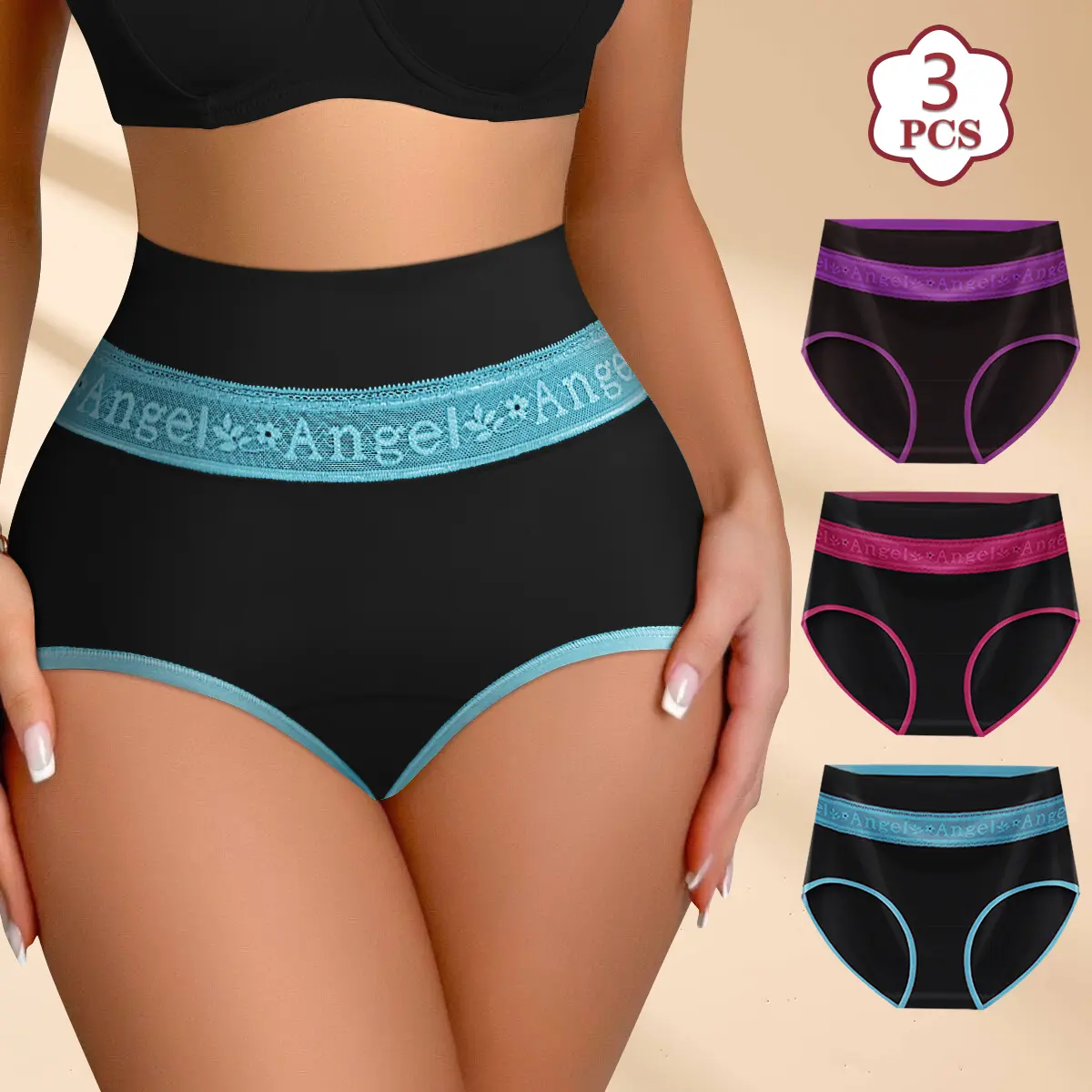 Women’s High-Waisted Underwear 3-Pack, Black Full-Coverage Stretch Briefs with Contrast Lettered Lace Waistband for Everyday Wear Fabric Fit