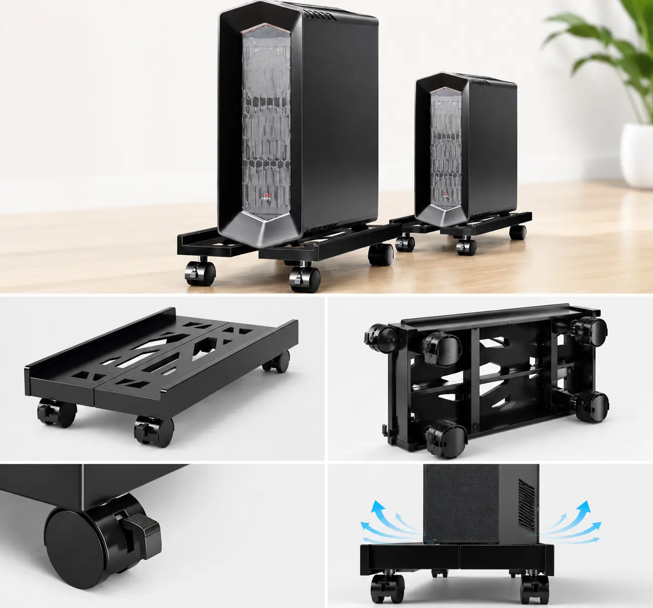 Adjustable Mobile PC Tower Stand with 4 Rolling Caster Wheels - Fits Most PCs, Suitable for Floor, Carpet, Under Desk - D-Black