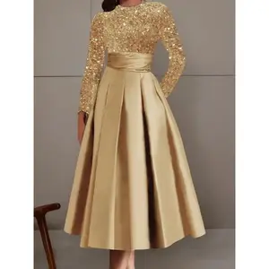 Holiday Dress For Women, Velvet Sequin Contrast Satin Pleated Midi Dress, A-Line, Long Sleeves, Crew Neck, Elegant Style, Prefect For Wedding Guest, Mother Of The Bride, Party Dress, Christmas Dresses For Women