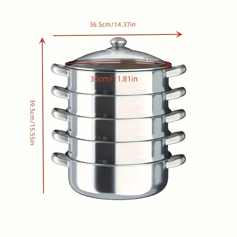 5-Tier 30cm Steamer Cooker Steam Pot Food Cooking Hot Pot Stainless Steel with Glass Member