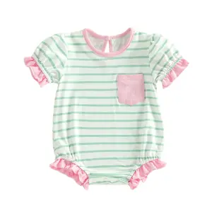 Canrulo Baby Girl Striped Bubble Romper Newborn Toddler Short Sleeve Ruffle Cotton Onesie Cute Summer Outfit Clothes