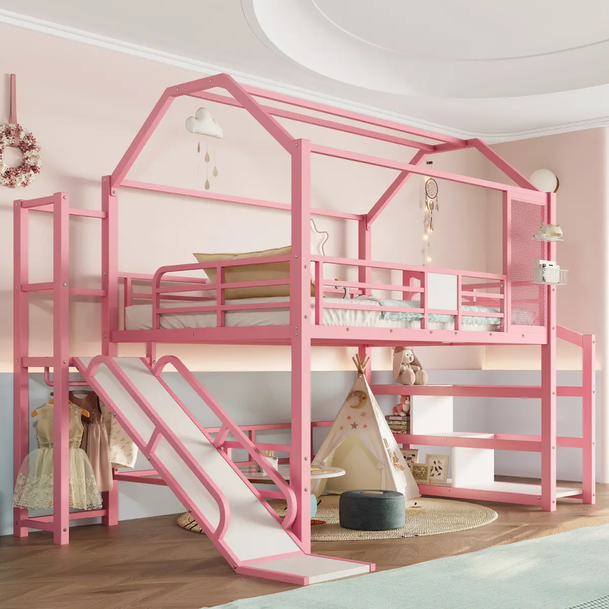 Pink Fun House-Shaped Twin-Size Metal Loft Bed - Unique Design, Noise-Free Structure, Slide Stairs, Storage Shelves, Safe Easy Access, 112.60x56.69x78.94in, 151.68lbs, Assembly Required, Indoor Furniture Bed Frame