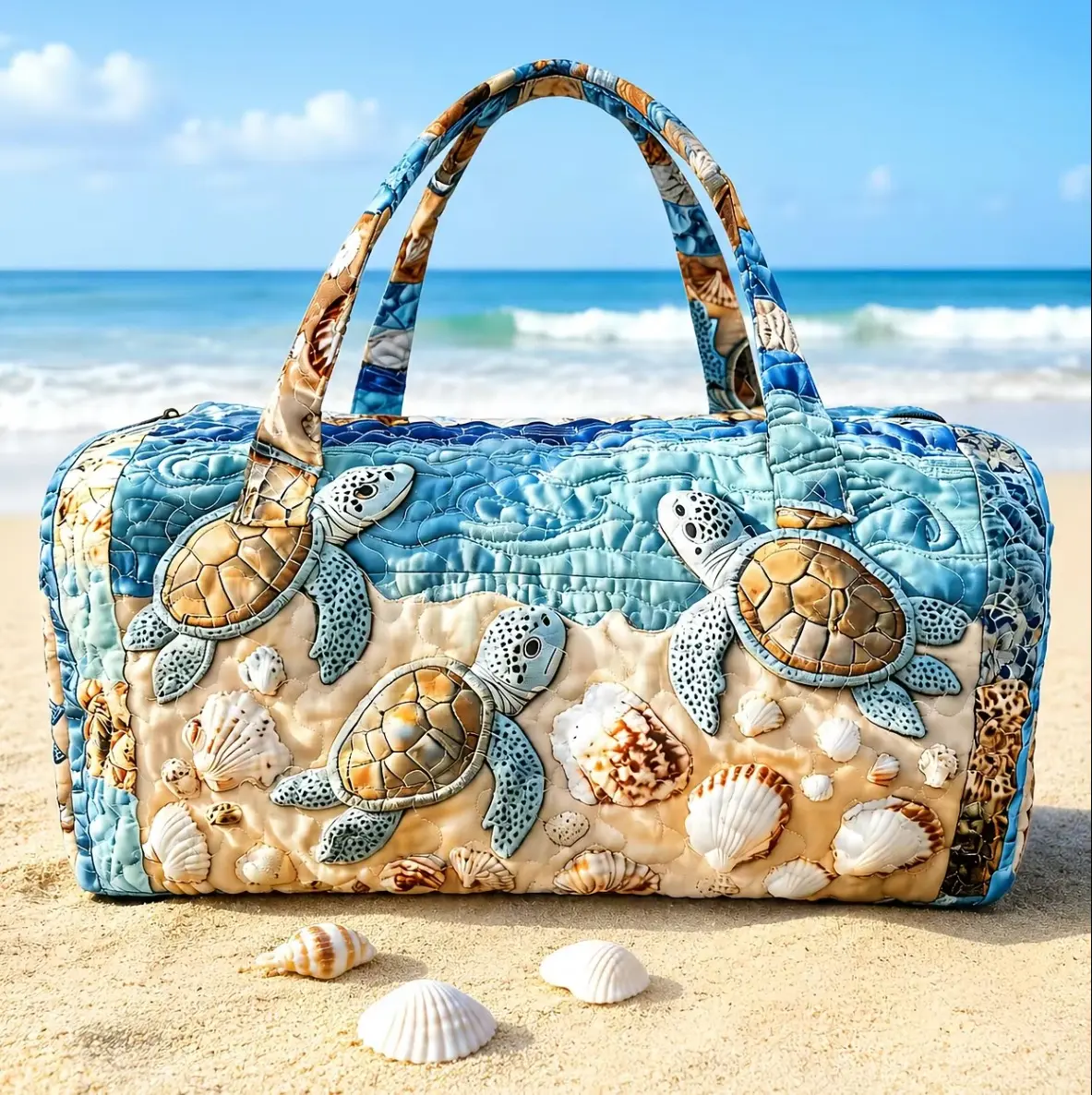 Quilted turtle travel bag, ocean shell beach high-definition printed luggage bag, large capacity ocean themed sports and fitness bag, summer vacation hand-held travel bag