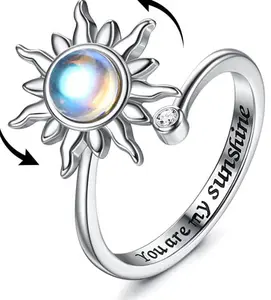 Spinning Sun Moonstone Fidget Ring | Adjustable Open Band | Silver Plated Celestial Anxiety Ring for Women