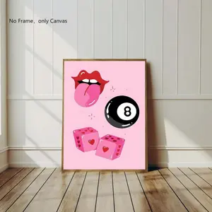 Lip & Pool Cue & Dice Pattern Unframed Painting, 1 Count Creative Canvas Wall Art, Wall Decor for Home Living Room Bedroom, Home Decor, Ornaments