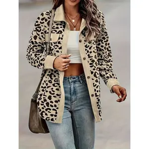 Plus Size - Women'S Elegant Leopard Print Button-Up Jacket - Casual Long Sleeve, Fall/Winter Fashion, Light Blue with Black Leopard Pattern, Casual Outerwear |   Leopard Print Jacket |   Stylish Button Details
