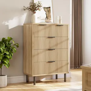 Fluted Dresser with 5 Drawers, 37.4'' Tall Closet Dresser Organizer with Anti-Tipping Device, Wood Chest of Drawers with Storage and Metal Legs for Bedroom, Entryway, Small Spaces,Wood Grain