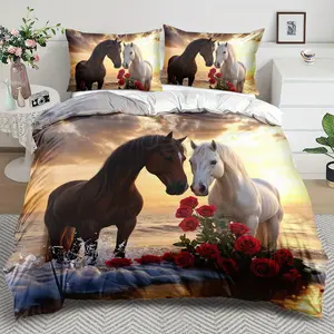 Open Horse Theme Down Duvet Cover Set - 2/3 Pieces, Soft Comfortable Breathable, Animal Theme Printed Bedding Set, Horse and Rose Pattern Printed Duvet Cover Set, 100% Polyester Machine Washable, All Seasons SuitMachine Washablecbreapillowcase combination