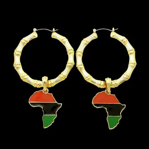 MaxBling81 Unisex Bamboo Hoops - 2.15x2.15" Gold-Metal Coating Hoop Earrings, 0.75x1.25" Dangling Ankh Charm, Africa Map Accent, Fashion Costume Jewelry Accessory