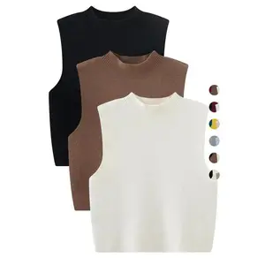 Women’s solid round-neck sweater vest, casual sleeveless crew-neck jumper vest for spring and fall, fashionable women’s knitwear for everyday wear, knitted crop top, knit clothing sweaters