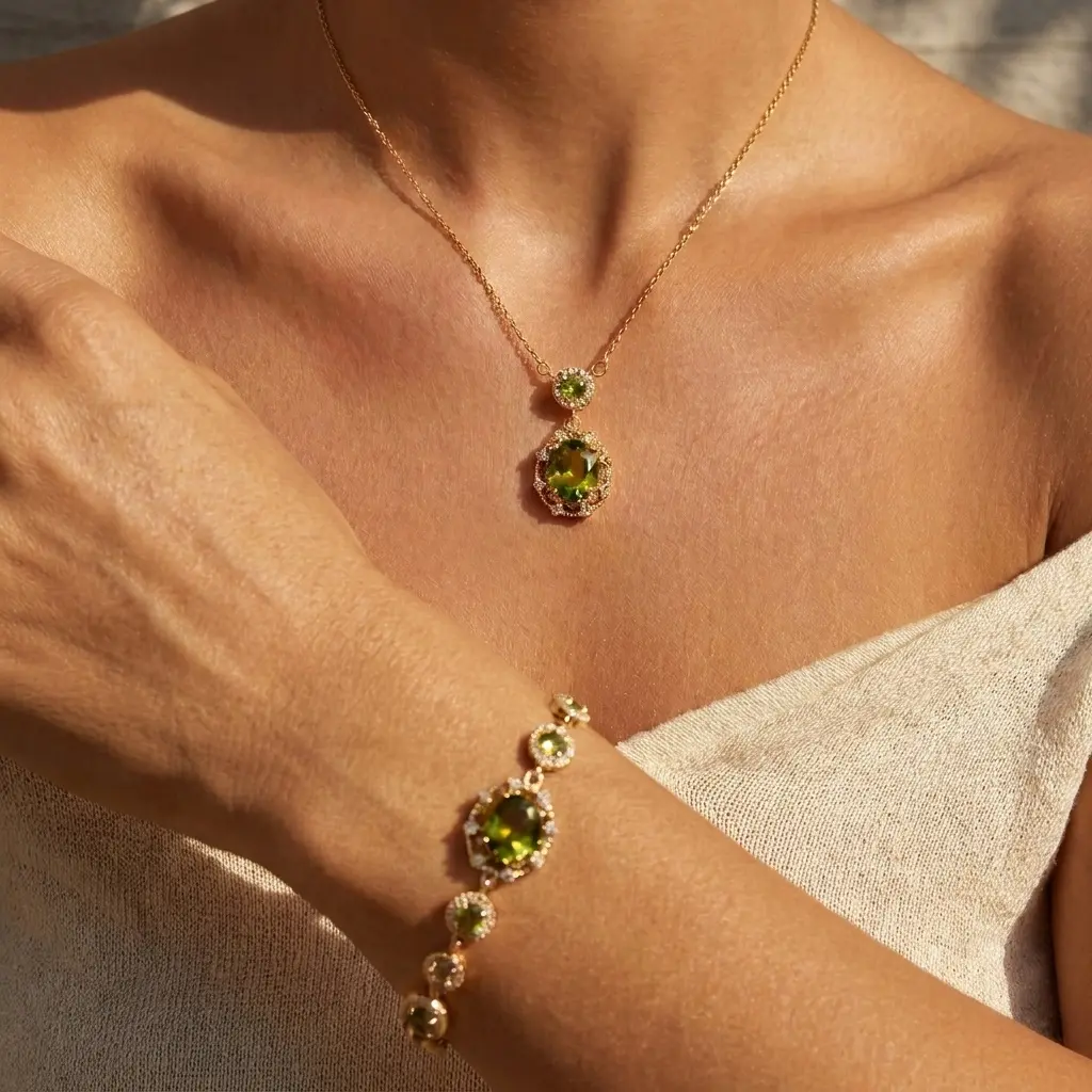 Adjustable Jewelry Set Olive Green Crystal 14K Gold Plated Hypoallergenic Cubic Zirconia Necklace Slider Bracelet Waterproof Tennis Chain for Summer Women