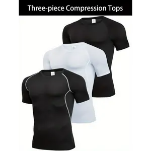 3pcs Men's Quick-Dry Compression T-Shirts - Stretch-Fit, Sweat-Wicking, Short Sleeve Athletic Shirts for Running, Basketball, and Fitness Training, Breathable Polyester-Spandex Blend Fabric, Gym Shirts business shirt