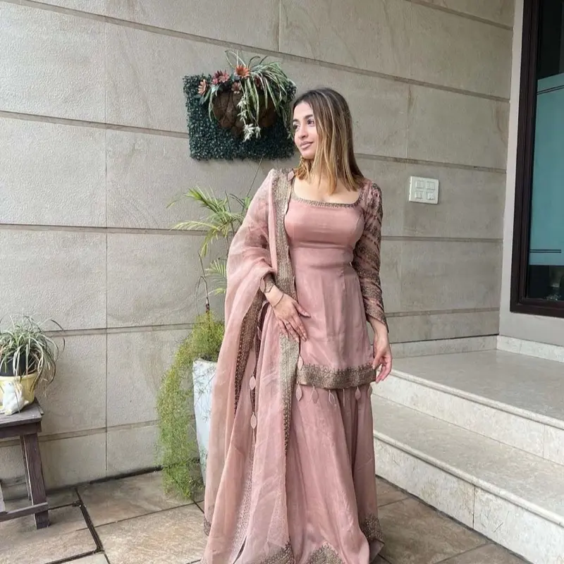 HEAVY EMBROIDERY WORK WITH FULL FANCY SLEEVE TOP MICRO COTTON SHARARA SOFT BUTTERFLY NET DUPATTA SEMI STITCHED PEACH Womenswear