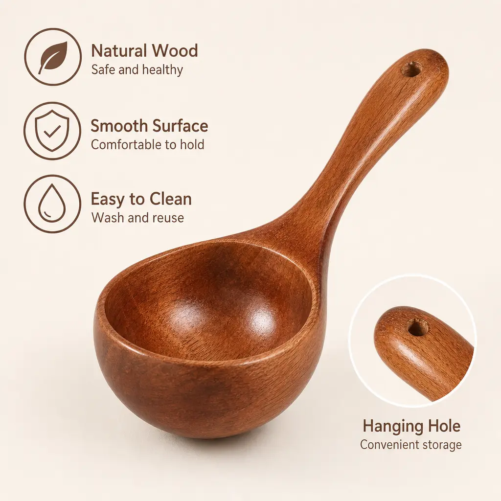 2 Counts Wooden Ladle, Smooth Polished Large Deep Bowl Wood Spoon with Hanging Hole, for Kitchen Cooking Serving Noodles Soup Daily Use